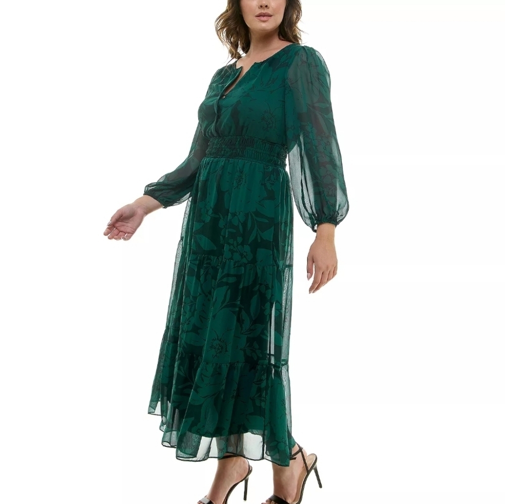 Taylor Green Long Sleeve Smocked Waist Chiffon Midi Dress Sz 6